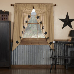 VHC-12394 - Burlap w/Black Stencil Stars Prairie Curtain Set of 2 63x36x18