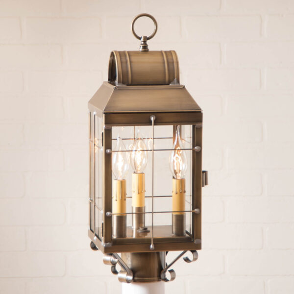 Antiqued Solid Brass Martha's Post Lantern in Weathered Brass - 3-Light Outdoor Lights