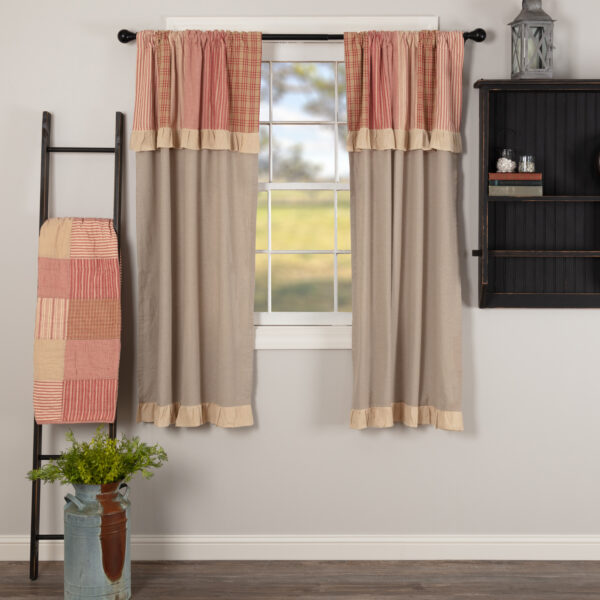 VHC-51345 - Sawyer Mill Red Chambray Solid Short Panel with Attached Patchwork Valance Set of 2 63x36