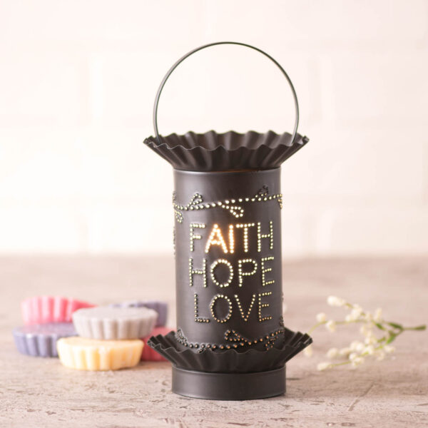 Kettle Black Mini Tartwarmer with Vertical Faith Hope Love in Kettle Black Wax Melters