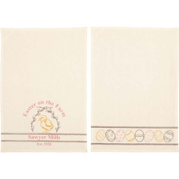VHC-63026 - Sawyer Mill Easter on the Farm Chick Unbleached Natural Muslin Tea Towel Set of 2 19x28