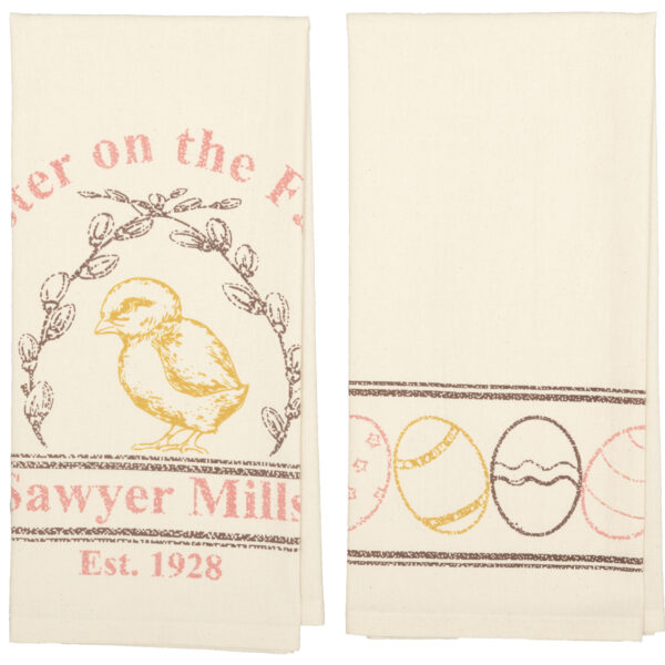 VHC-63026 - Sawyer Mill Easter on the Farm Chick Unbleached Natural Muslin Tea Towel Set of 2 19x28