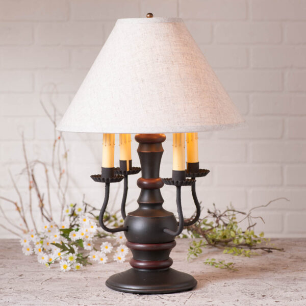Sturbridge Black with Red Stripe Cedar Creek Wood Table Lamp in Sturbridge Black with Fabric Linen Shade Lamps