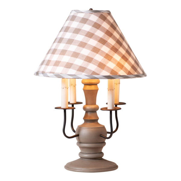 Earl Gray Cedar Creek Wood Table Lamp in Earl Gray with Fabric Gray Check Shade