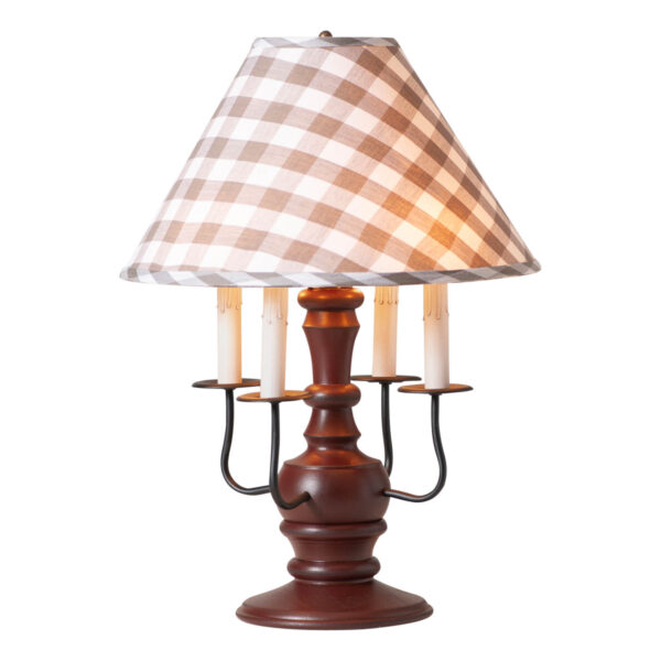 Rustic Red Cedar Creek Wood Table Lamp in Rustic Red with Fabric Gray Check Shade