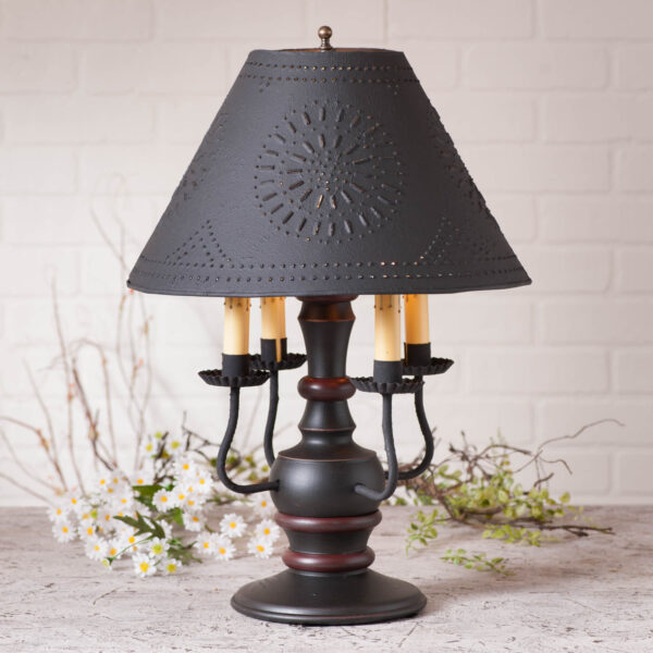 Sturbridge Black with Red Stripe Cedar Creek Wood Table Lamp in Sturbridge Black with Textured Metal Shade Lamps