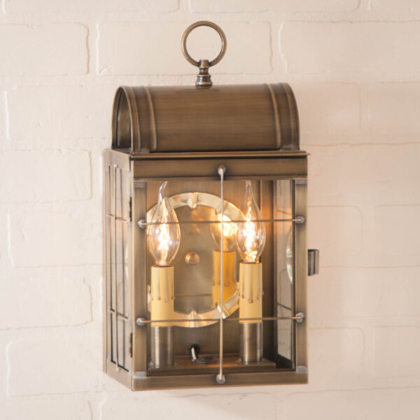Antiqued Solid Brass Toll House Wall Lantern in Weathered Brass - 2-Light Outdoor Lights