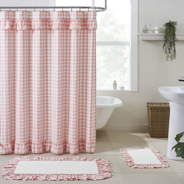 VHC-83370 - Annie Buffalo Coral Check Ruffled Shower Curtain 72x72