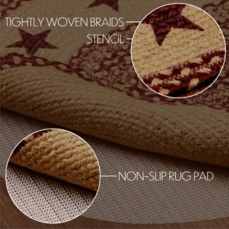Primitive Burgundy Tan Jute Rug Oval Stencil Stars w/ Pad 20x30 by Mayflower Market
