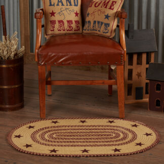Primitive Burgundy Tan Jute Rug Oval Stencil Stars w/ Pad 24x36 by Mayflower Market
