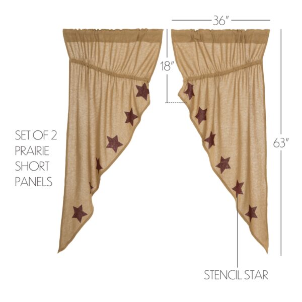VHC-25915 - Burlap w/Burgundy Stencil Stars Prairie Curtain Set 63x36x18
