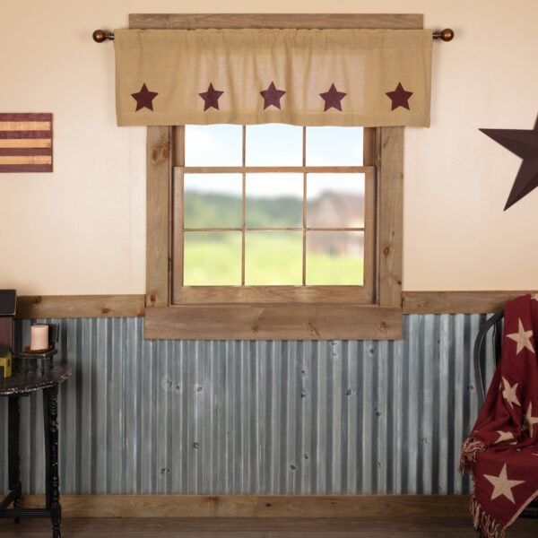 VHC-51179 - Burlap W/Burgundy Stencil Stars Valance 16x60