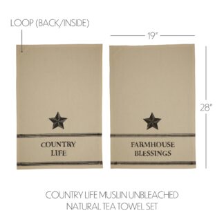Primitive Farmhouse Star Country Life Muslin Unbleached Natural Tea Towel Set of 2 19x28 by Mayflower Market