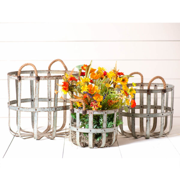 Vintage Galvanized Rustic Round Metal Basket Set Home Accents
