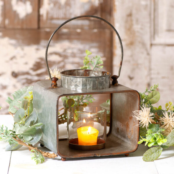 Vintage Galvanized Rustic Square Lantern with Glass Cylinder Candle Holders