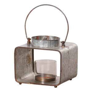 Vintage Galvanized Rustic Square Lantern with Glass Cylinder
