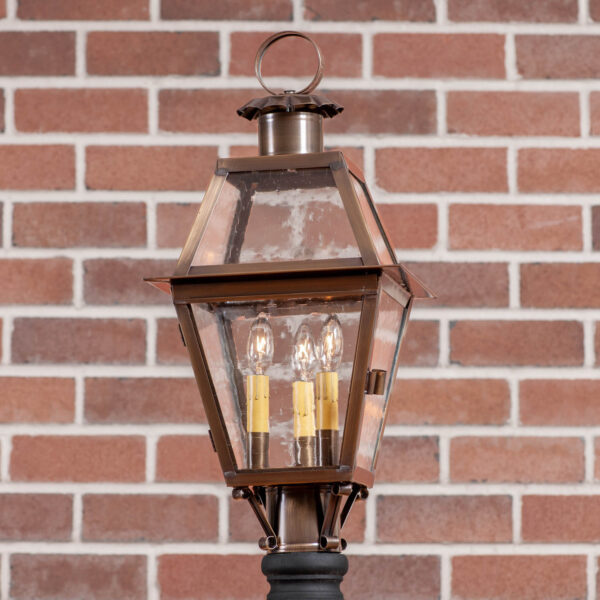 Antiqued Solid Brass Town Crier Outdoor Post Light in Solid Weathered Brass - 3 Light Outdoor Lights