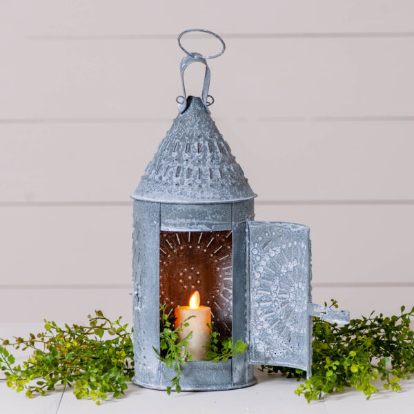 Weathered Zinc 15-Inch Primitive Lantern in Weathered Zinc Candle Holders