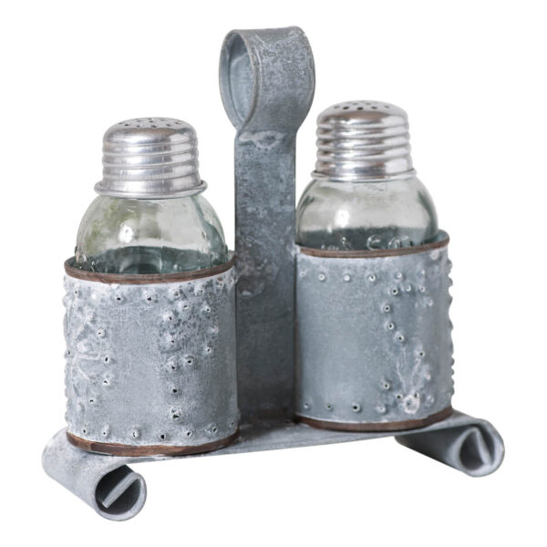 Weathered Zinc Salt and Pepper Shaker Holder in Weathered Zinc