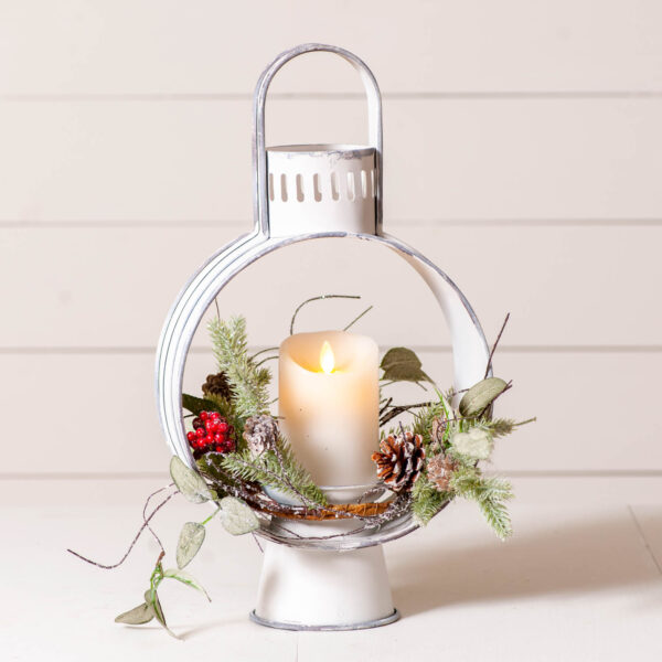 Rustic White Open Lantern in Rustic White Candle Holders