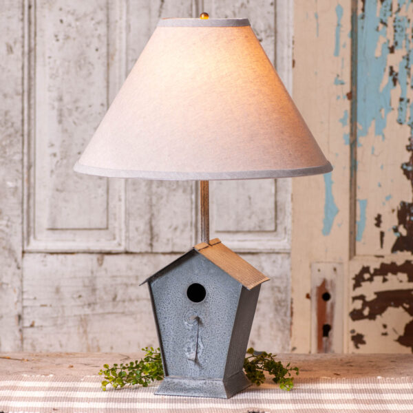 Weathered Zinc Birdhouse Lamp with Ivory Linen Shade Lamps
