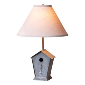 Weathered Zinc Birdhouse Lamp with Ivory Linen Shade