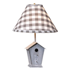 Weathered Zinc Birdhouse Lamp with Gray Check Shade