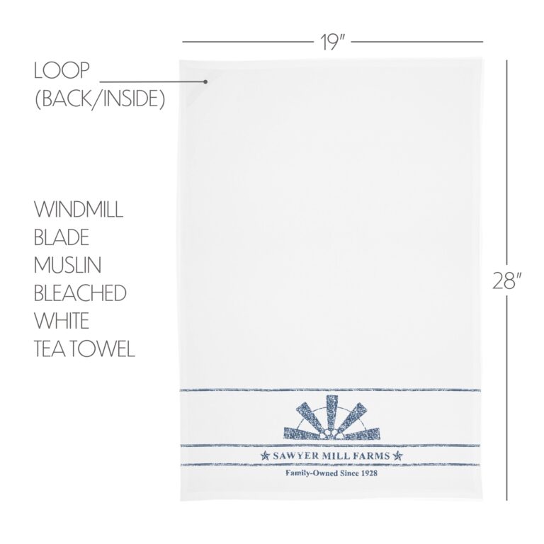 VHC-51289 - Sawyer Mill Blue Windmill Blade Muslin Bleached White Tea Towel 19x28